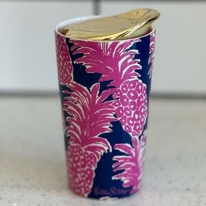 Lilly Pulitzer ceramic tumbler travel mug Pineapples pink Navy blue gold lid